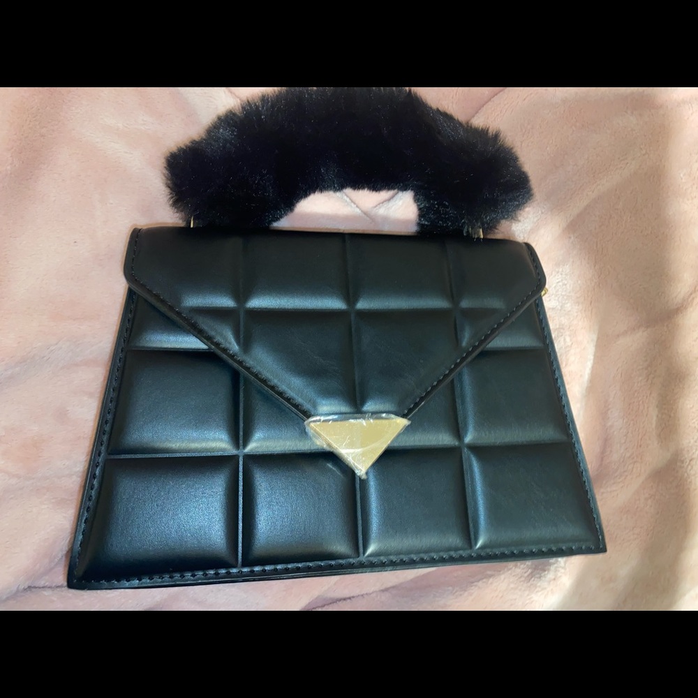 Black mini purse with faux fur handle